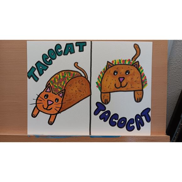 Taco Cat Kawaii Kitty Palindrome Joke OOAK Original 9x12 Inch Acrylic Painting - Picture 2 of 2